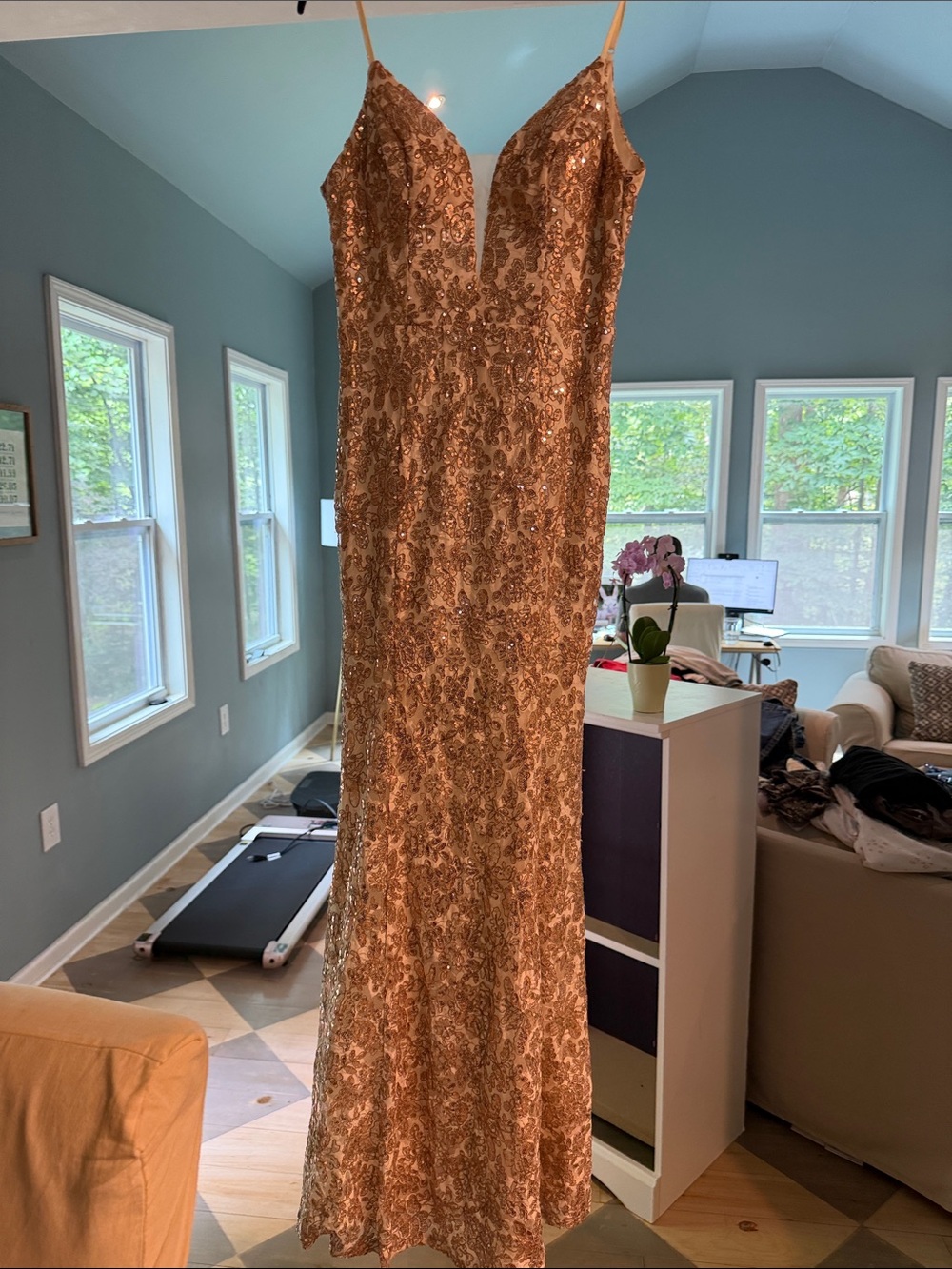 City Studio Ivory and Gold Sequin Evening Dress
